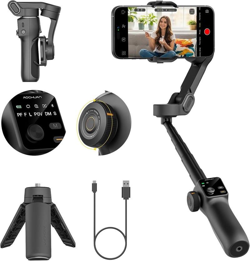 AOCHUAN 3-Axis Gimbal Stabilizer for iPhone, Smartphone Gimbal w/7.8" Extension Rod, OLED Display, Phone Stabilizer w/Face Tracking, Gesture Control, Video Record for iPhone & Android - Smart V8 Black - Image 1